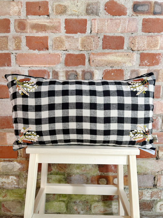 Black Gingham Embroidered Cushion