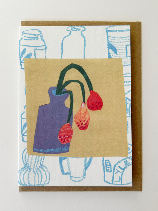 Red Flowers in Blue Vase Card
