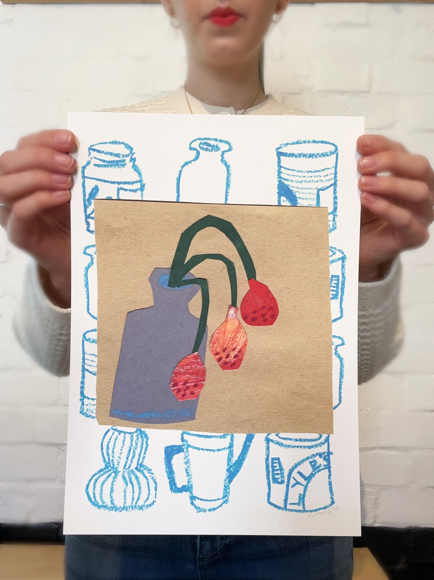 Red Flowers in Blue Vase Print