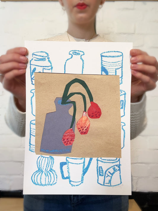 Red Flowers in Blue Vase Print