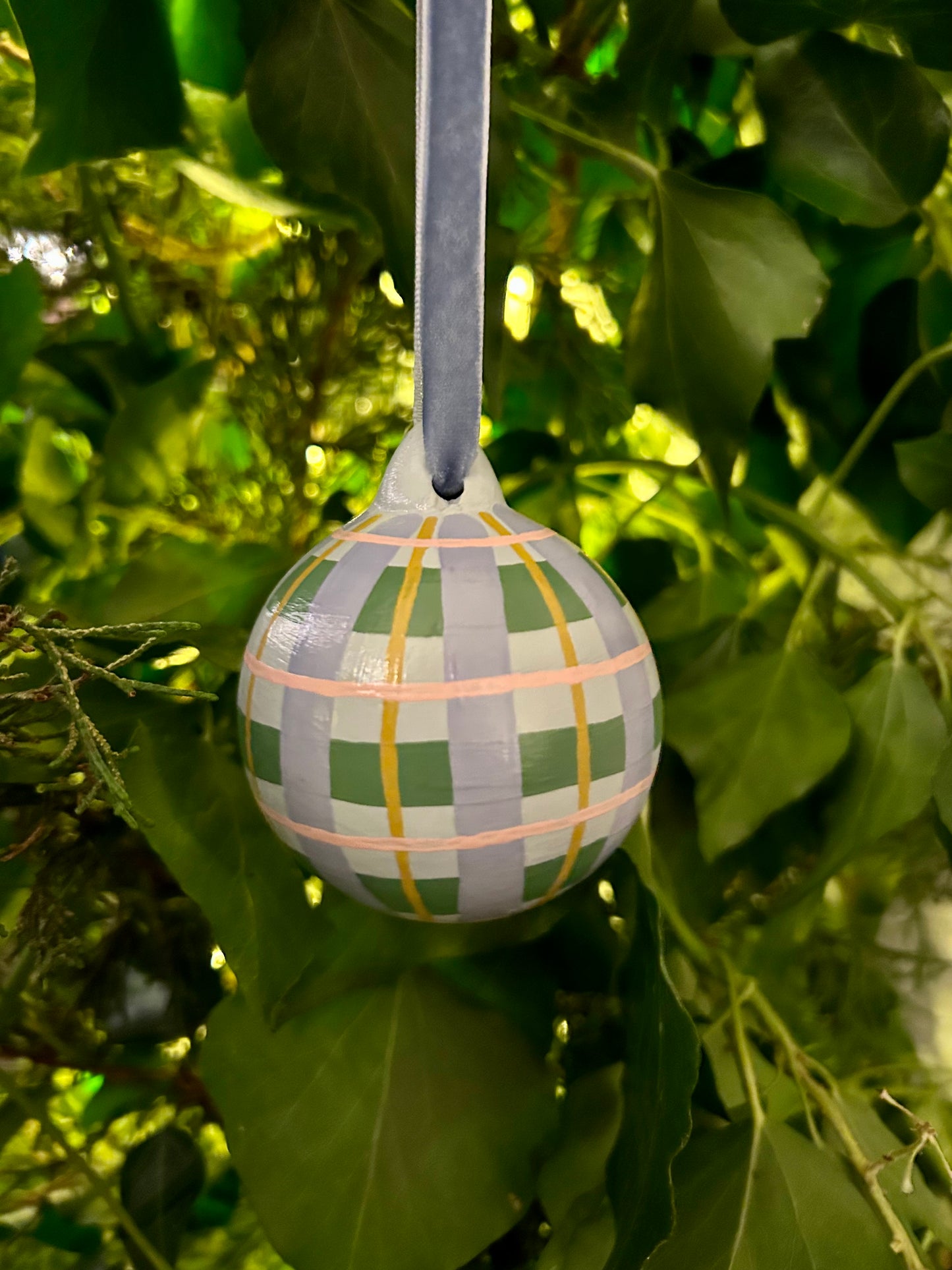 'Gingham' Hand Painted Bauble - Blue