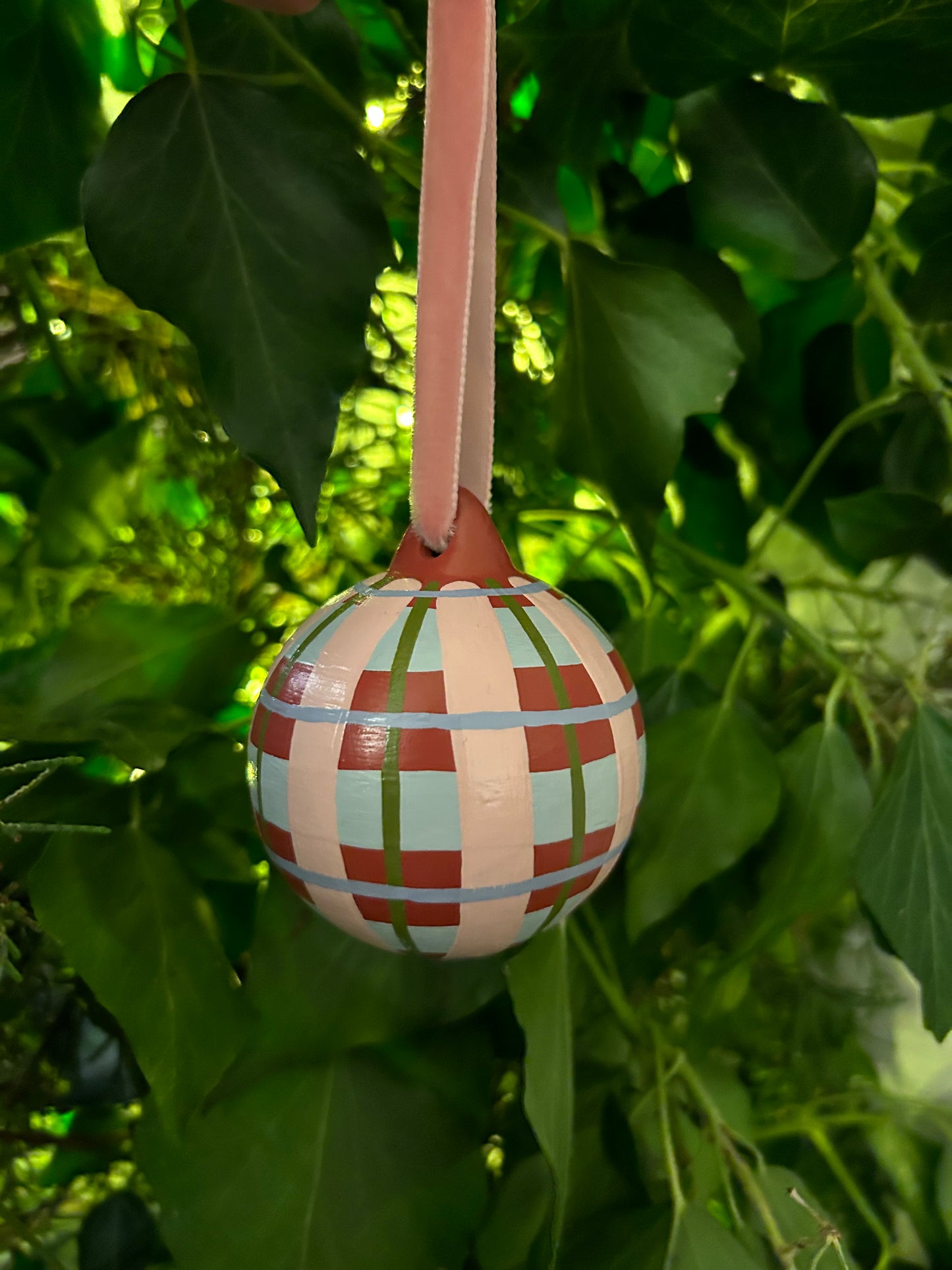 'Gingham' Hand Painted Bauble - Red