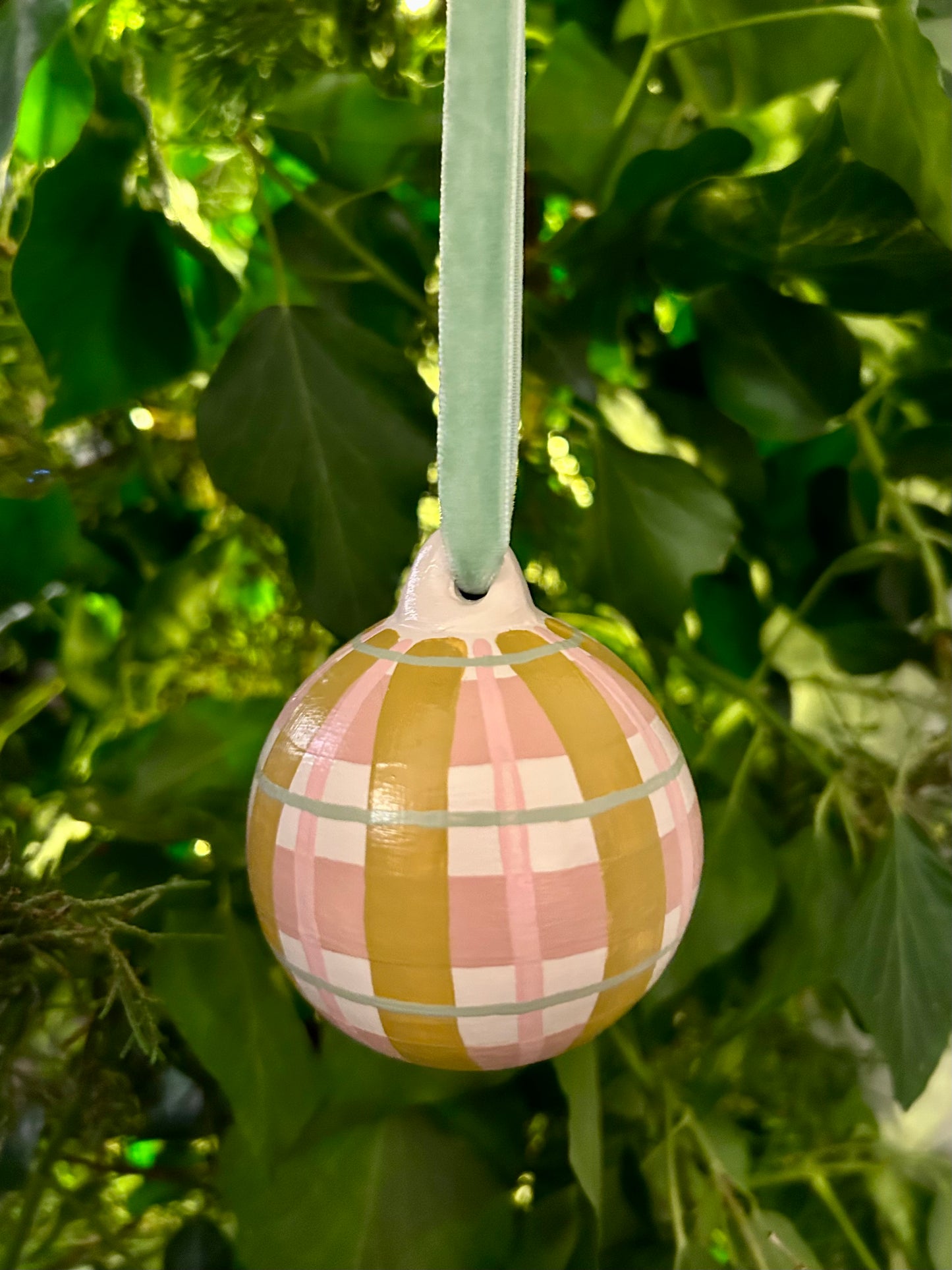 'Gingham' Hand Painted Bauble - Mustard
