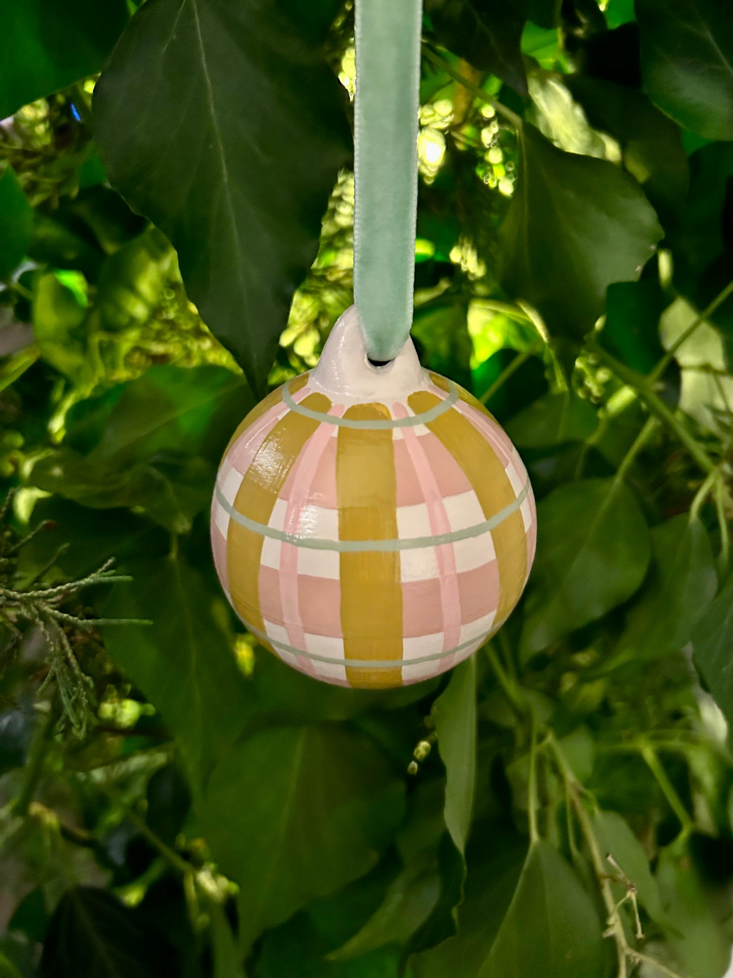 'Gingham' Hand Painted Bauble - Mustard
