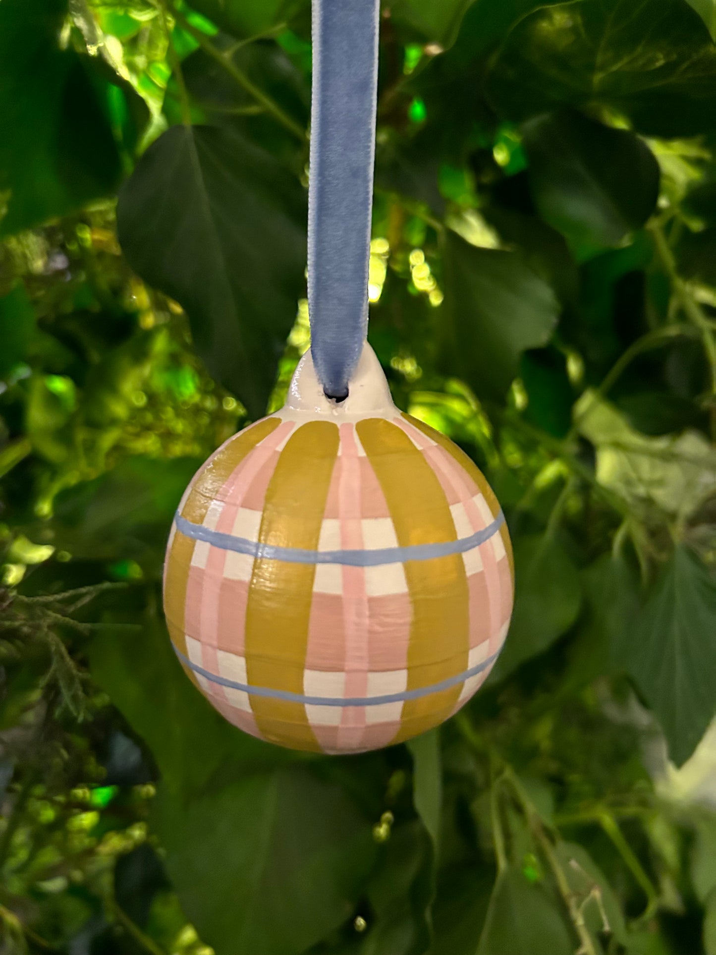 'Gingham' Hand Painted Bauble - Mustard