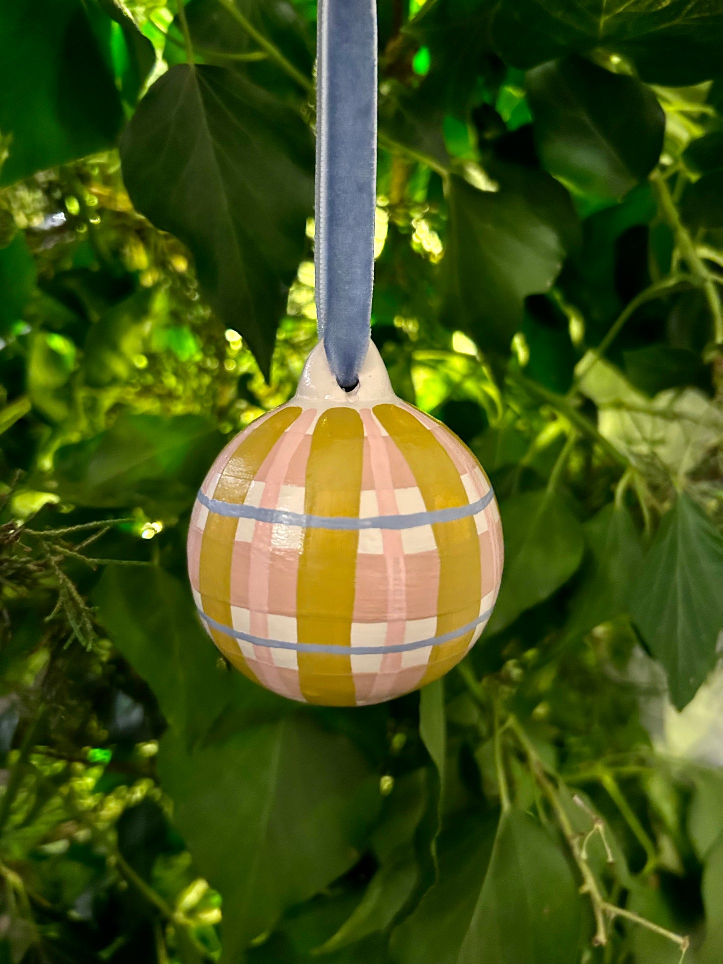 'Gingham' Hand Painted Bauble - Mustard