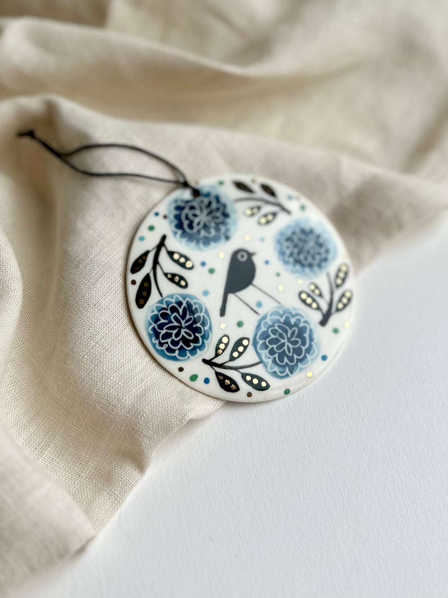 Bird and Blue Flowers Porcelain Wall Hanging