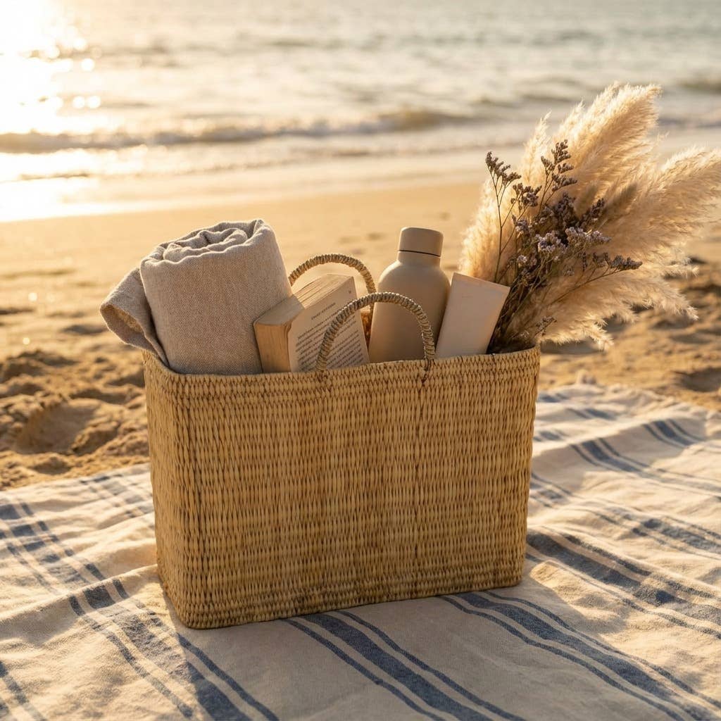 Natural Woven Reed Market Basket Tote