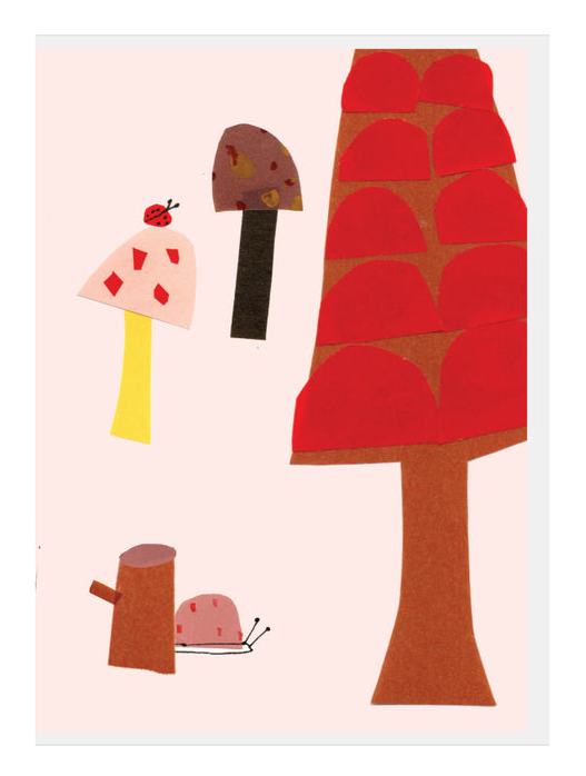 A minimalist art print featuring stylized autumn forest elements, including a large red tree, a pink mushroom with a ladybug, a dark brown mushroom, and a small snail, on a pale pink background with a white border.