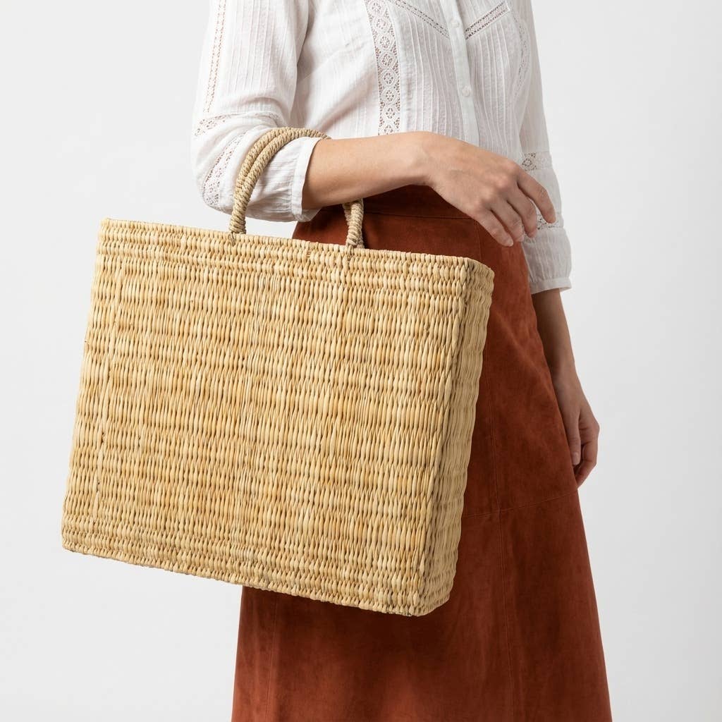 Natural Woven Reed Market Basket Tote
