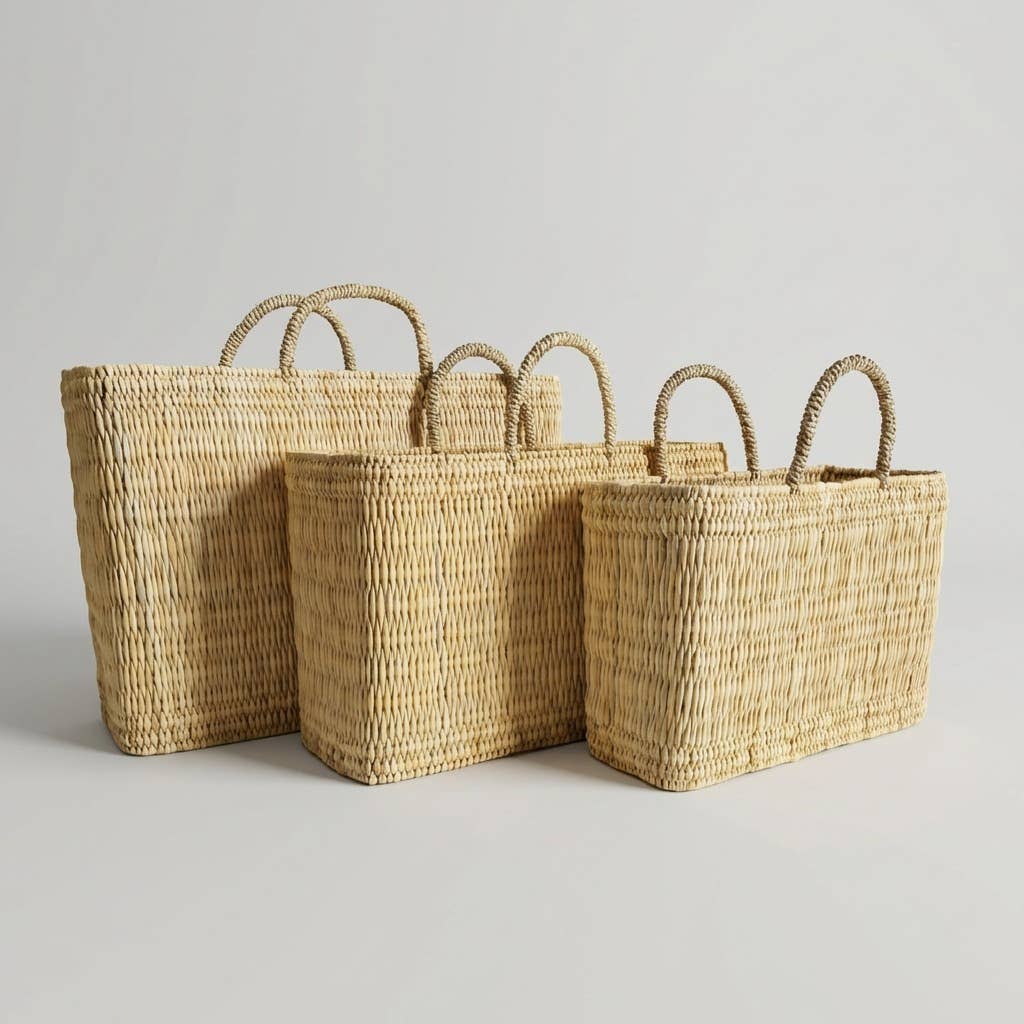 Natural Woven Reed Market Basket Tote