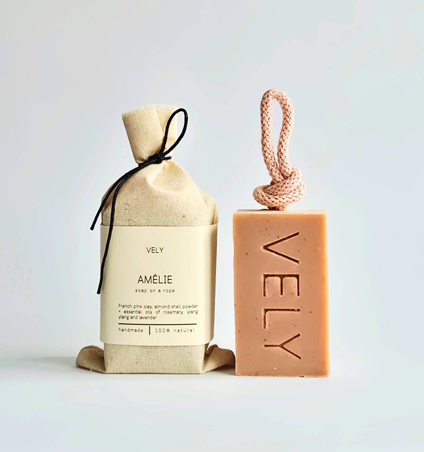 Natural Handmade Soap On A Rope With Pink Clay  -Amélie