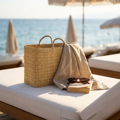 Natural Woven Reed Market Basket Tote