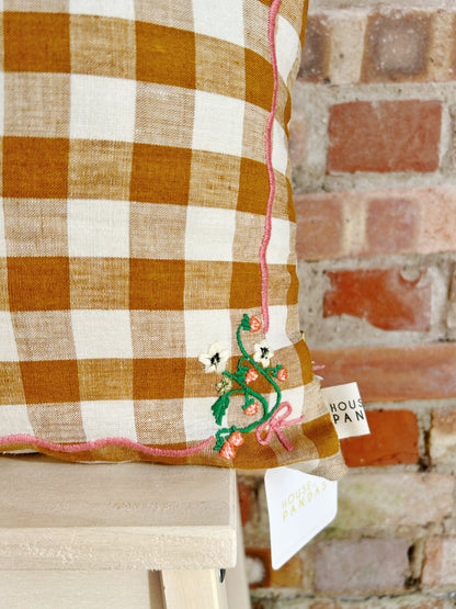 Mustard Stawberries Gingham Embroidered Cushion