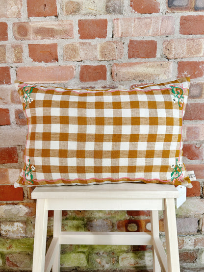 Mustard Stawberries Gingham Embroidered Cushion