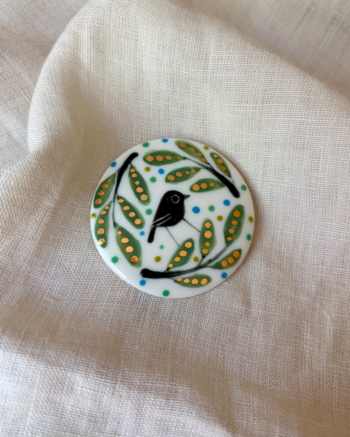 Green Leaves & Bird Porcelain Brooch
