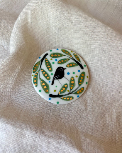 Green Leaves & Bird Porcelain Brooch