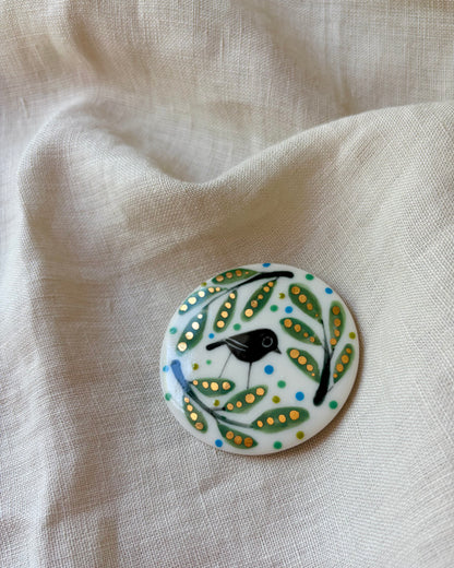 Green Leaves & Bird Porcelain Brooch