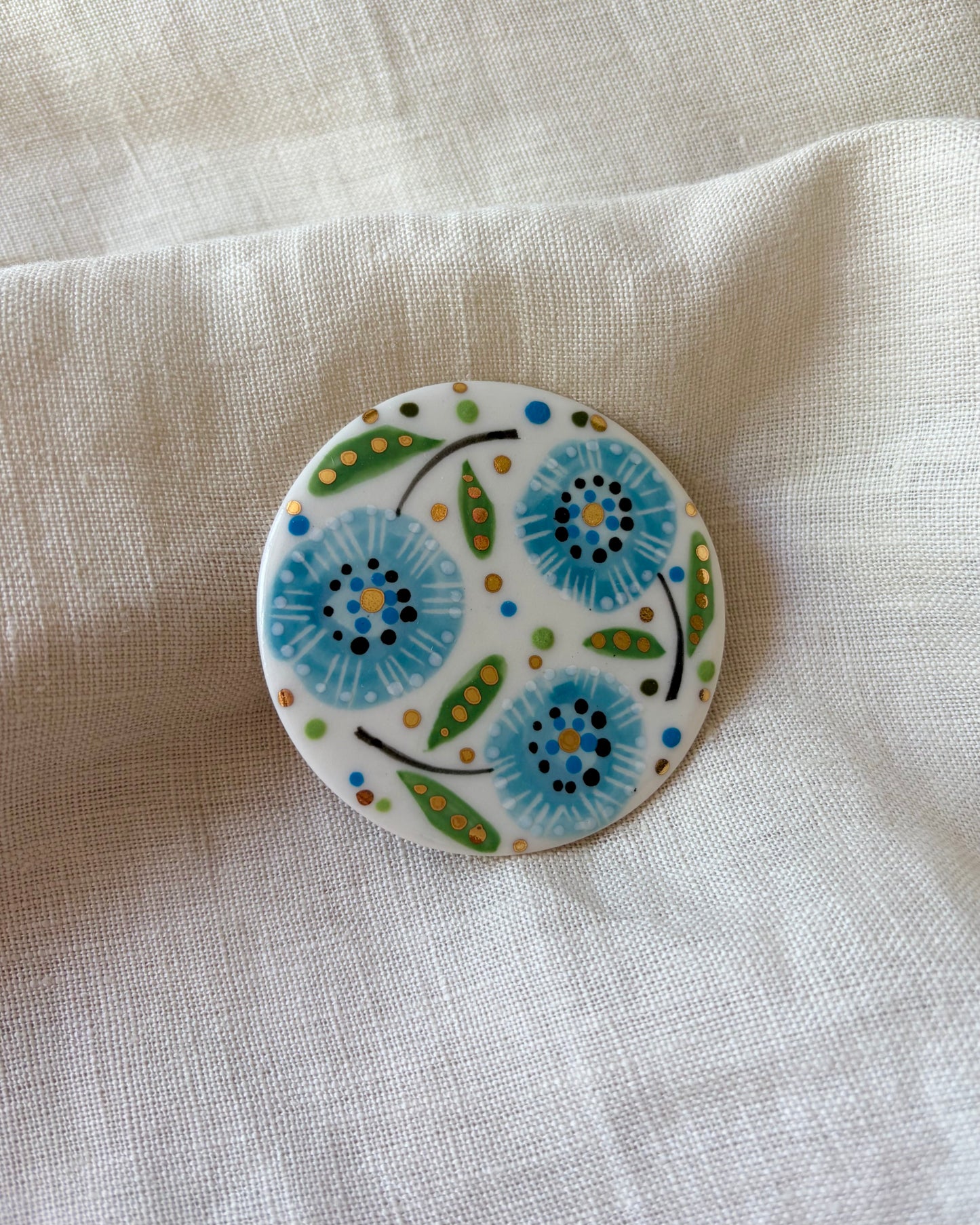 Blue Flowers Porcelain Brooch