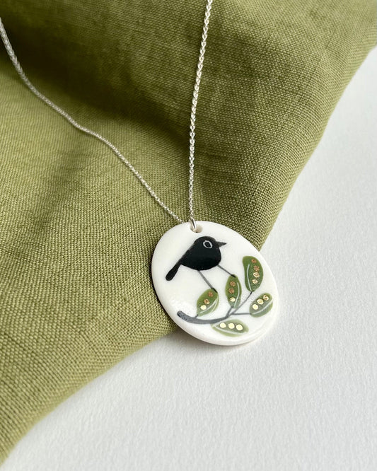 Bird on Branch Porcelain Necklace With Gold Lustre