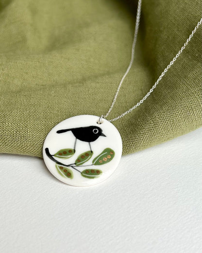 Bird on Branch Porcelain Necklace With Gold Lustre