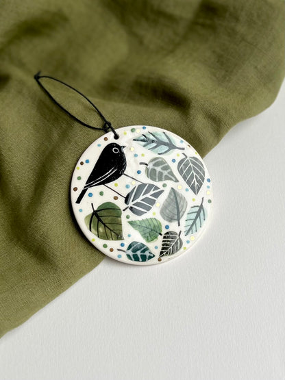 Bird Amongst Leaves Porcelain Wall Hanging