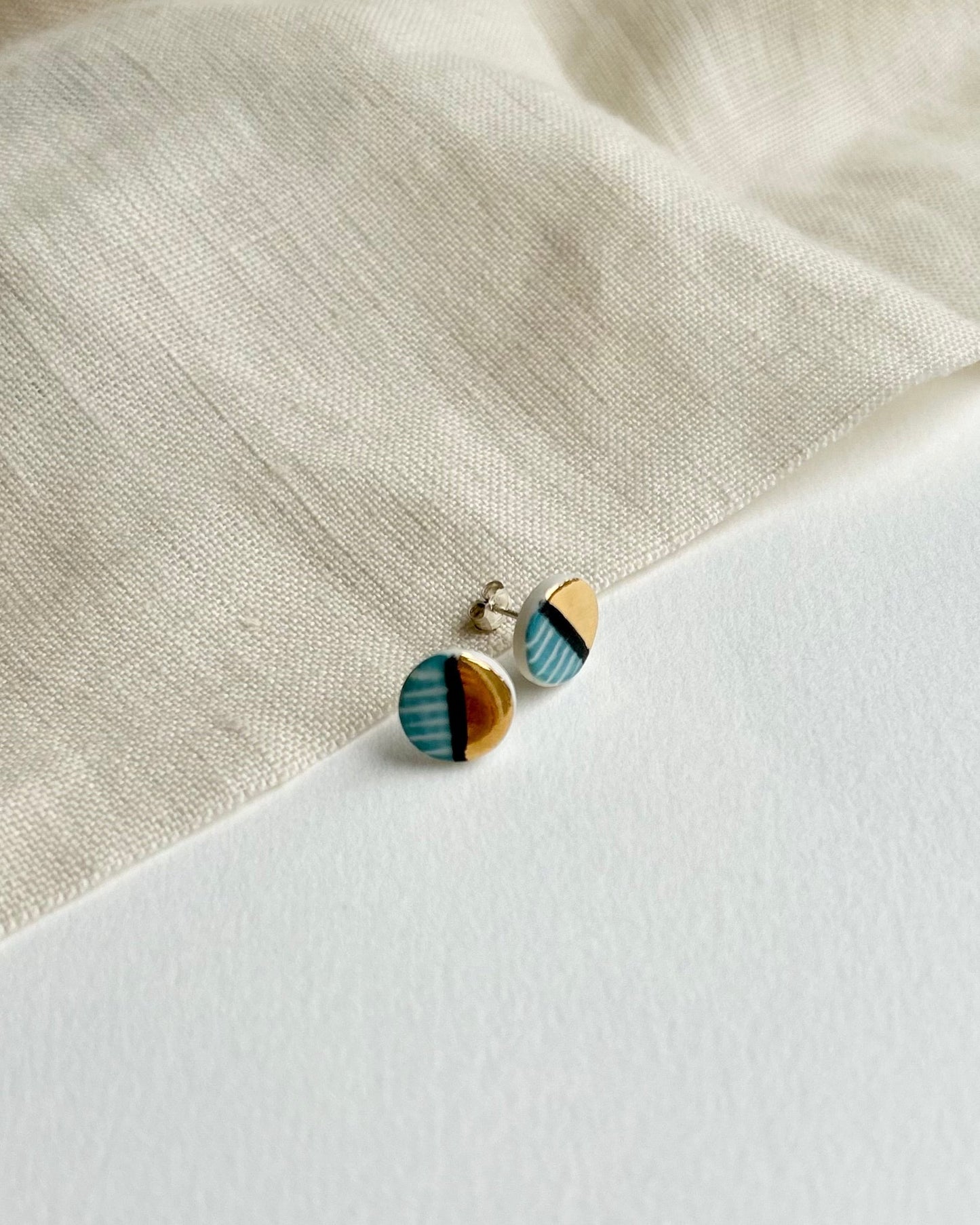 Blue Stripe Circle Porcelain Earrings