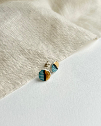 Blue Stripe Circle Porcelain Earrings