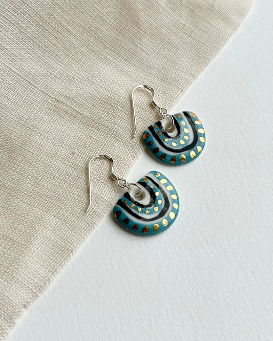 Blue Half Circle Porcelain Drop Earrings