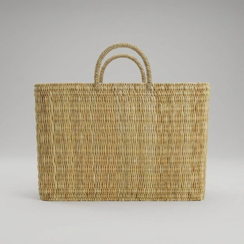 Natural Woven Reed Market Basket Tote