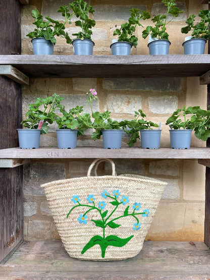 Hand Embroidered  Forget-Me-Not Market Basket