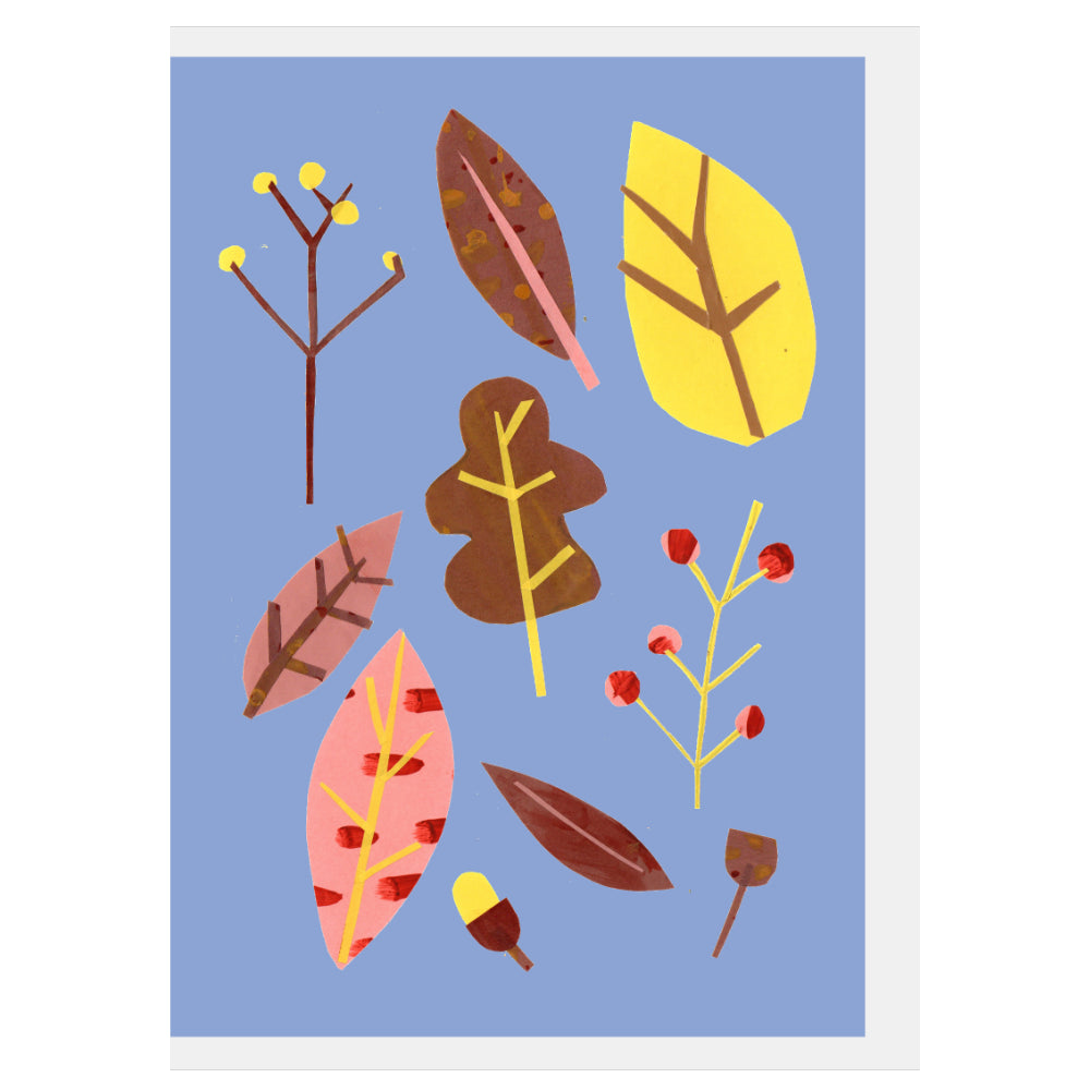 A square art print featuring a collection of stylized autumn leaves and botanical elements in shades of yellow, brown, pink, and red on a light blue background, with a white border around the print.