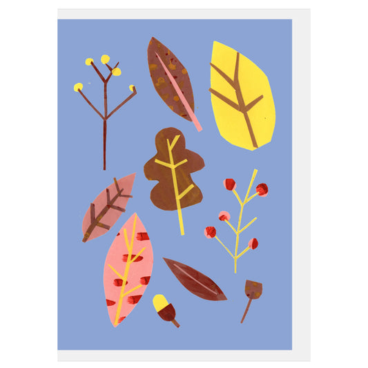 A square art print featuring a collection of stylized autumn leaves and botanical elements in shades of yellow, brown, pink, and red on a light blue background, with a white border around the print.