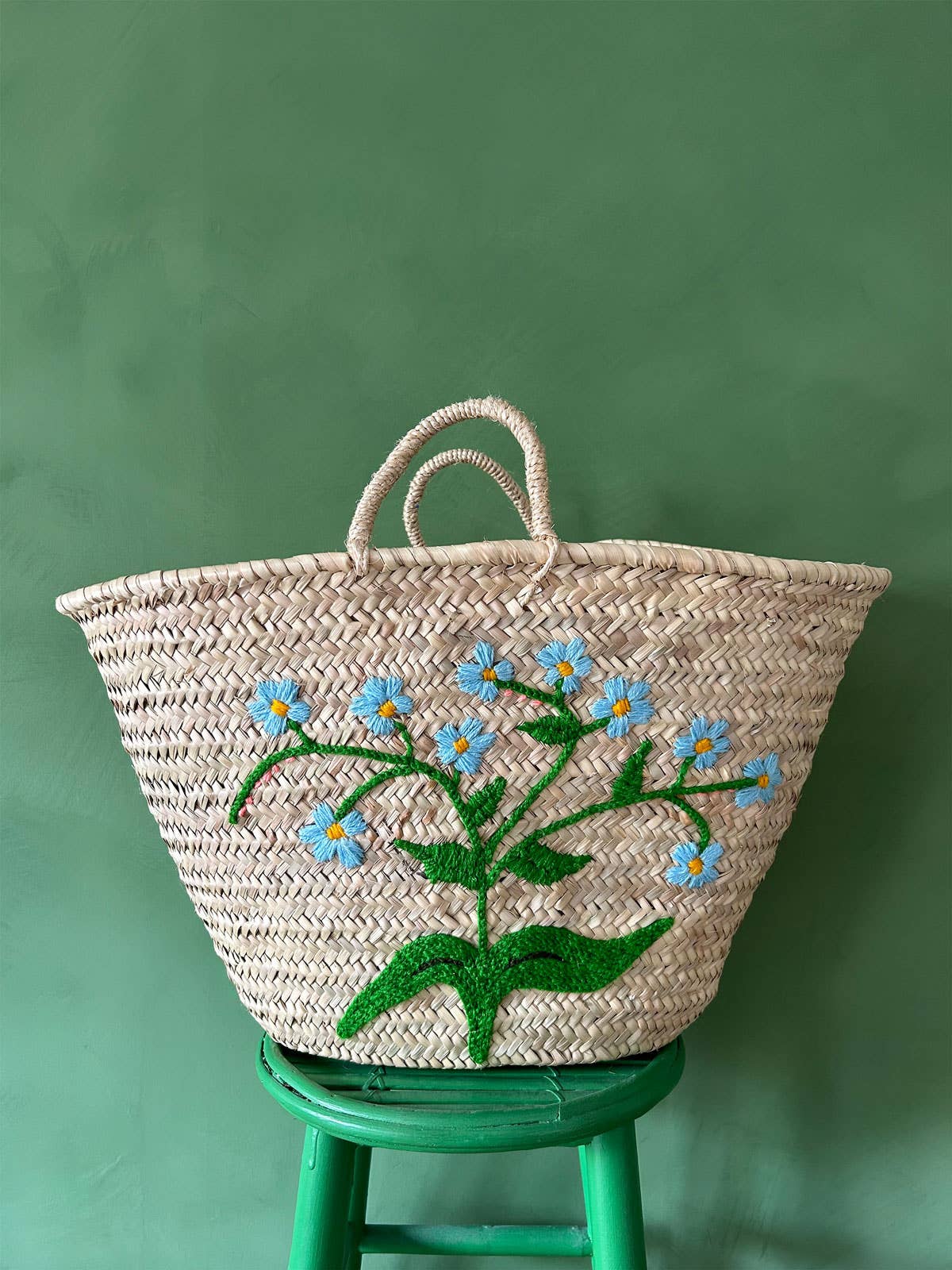 Hand Embroidered  Forget-Me-Not Market Basket