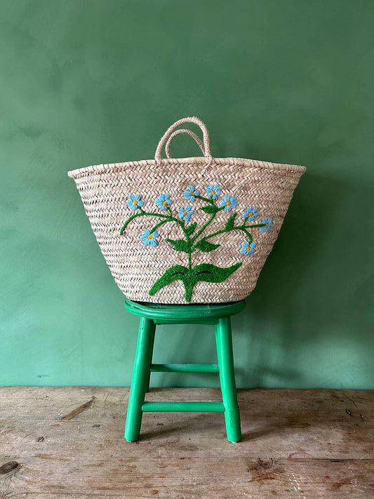 Hand Embroidered  Forget-Me-Not Market Basket