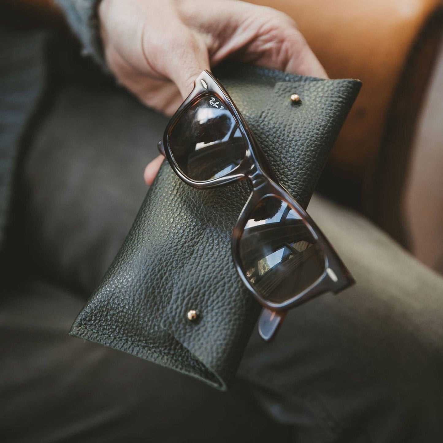 Pine Green Leather Double Stud Glasses Case