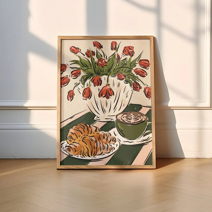 Coffee, Croissant and Tulips Print A4