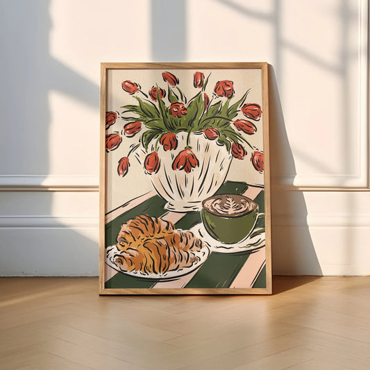 Coffee, Croissant and Tulips Print A4