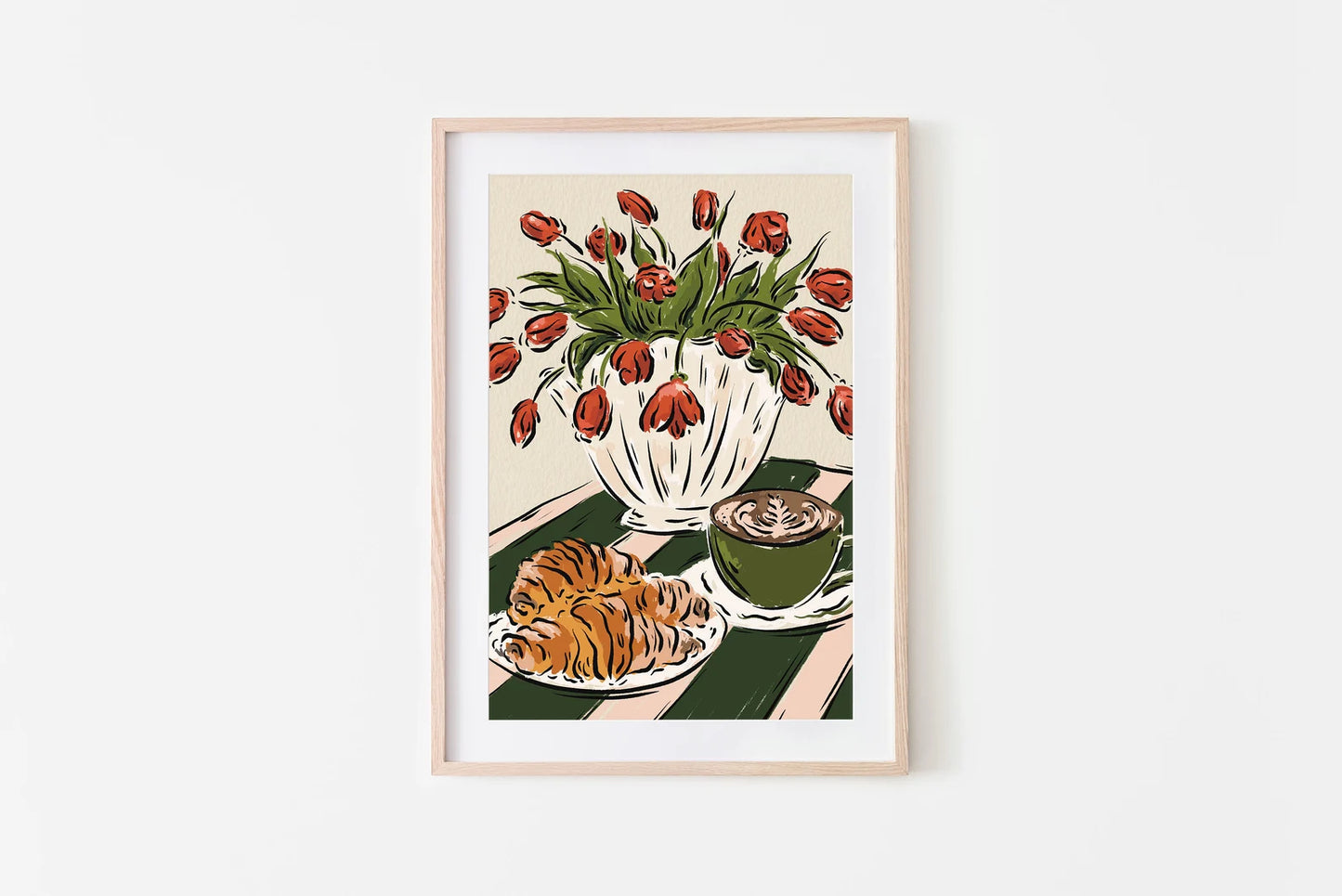 Coffee, Croissant and Tulips Print A4