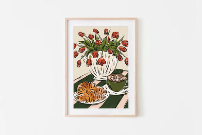Coffee, Croissant and Tulips Print A4